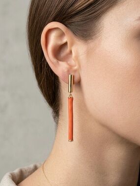 Gold and Coral Tube Drop Earrings - Elegant Women's Jewelry Minimal